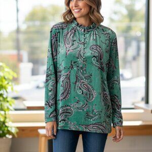Charter Club Green Paisley High Neck Blouse - XL - Velvet Feel!!